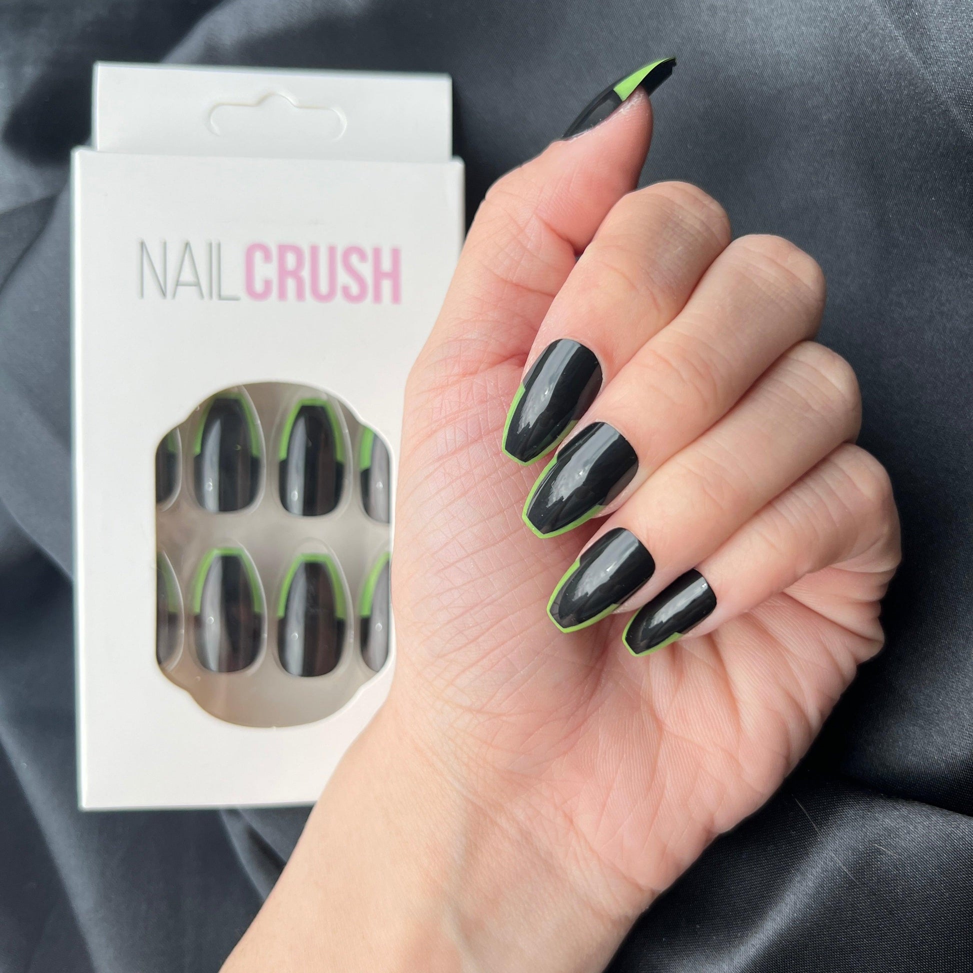 Glossy Black With Lime Green French Tips - NAILCRUSH®