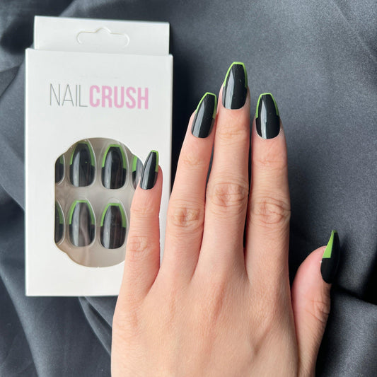 Glossy Black With Lime Green French Tips - NAILCRUSH®